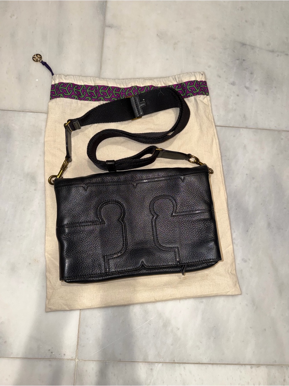 Tory Burch Black Pebbled Leather Crossbody Bag with Adjustable Strap
